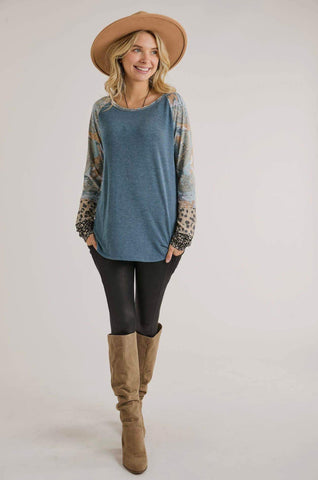 Blouse  - Round Neck Top with patterned sleeves, Teal Combo