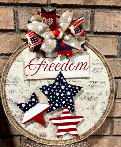 DIY Home Decor - “Freedom” with 3D Stars and Stripes Door Hanger/Wall Art, 13” Round