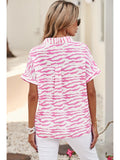 Blouse - Zebra Striped V-Neck Rolled Up Sleeve, Pink/White