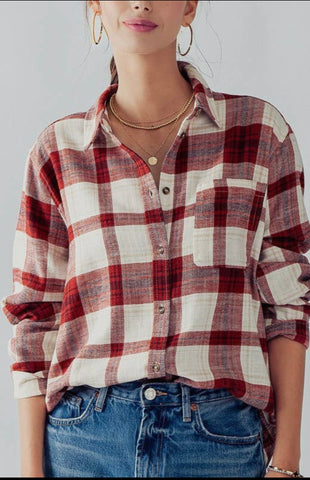 Blouse - Plaid Flannel Button Down, Red
