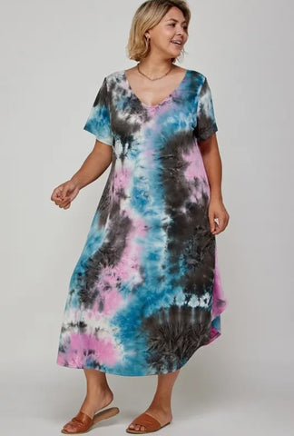 Dresses - Tie Dye V Neck MIDI, Teal/Gray/Pink, Plus Size
