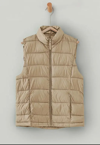 Outerwear - Khaki Quilted Stand Collar Zip Up Warm Puffer Vest