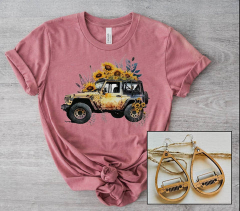 T-shirt - Off-roading Jeep/Sunflowers, Mauve, Also in Plus