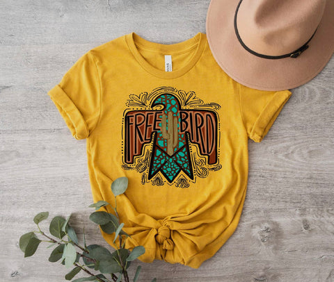 T-shirt - Free Bird Aztec Design, Mustard, Also in Plus