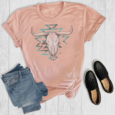 T-shirt - Aztec Cow Horns, Peach, Also Plus Size