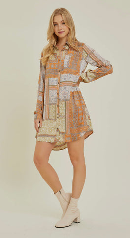 Dress - Western Scarf Pattern Shirt Dress, Rust Multi