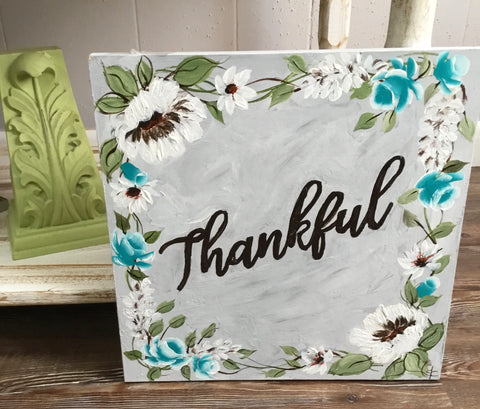 Paintings - “Thankful” floral art, Teal/light gray