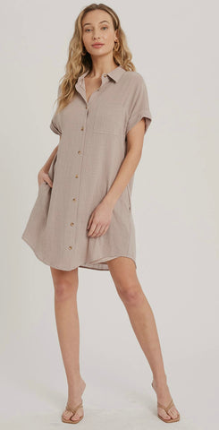 Dresses - Button up shirt dress with pockets, Mushroom