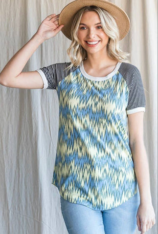 Blouse - Aztec print with striped raglan sleeves, Blue