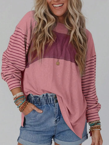 Blouse - Pink Round Neck Casual Striped Contrast Long Sleeved T-shirt,Also Plus Size