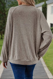 Blouse - Ribbed Knit Collared Long Sleeve Loose Fit Top, Brown, Also Plus Size