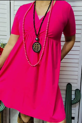Dresses - Hot Pink Short Sleeve Women Dress, Also Plus Size