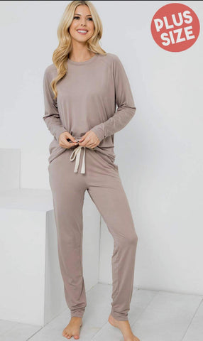 Accessories/Gifts - Long Sleeve Top & Joggers Loungwear Set, Mocha, Plus Size