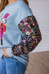 Blouse - Nutcrackers With Sequin Sleeves, Blue, Also Plus Size