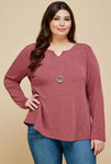 Blouse - Solid Long Sleeve Basic Top, Burgundy, Plus Size