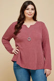 Blouse - Solid Long Sleeve Basic Top, Burgundy, Plus Size