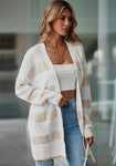 Outerwear - Beige Textured Stripe Pattern Drop Shoulder Duster Cardigan