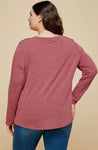 Blouse - Solid Long Sleeve Basic Top, Burgundy, Plus Size