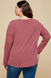 Blouse - Solid Long Sleeve Basic Top, Burgundy, Plus Size