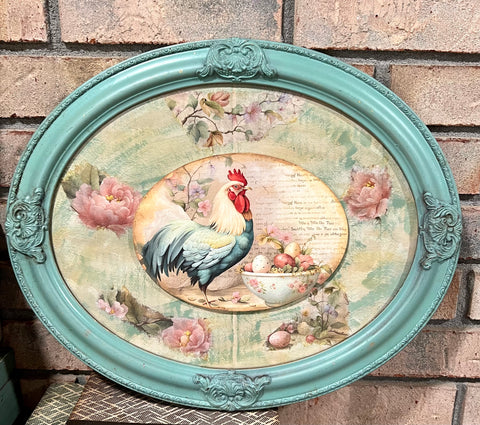 DIY Home Decor - Vintage Rooster Wall Art, 16” Oval, Teal