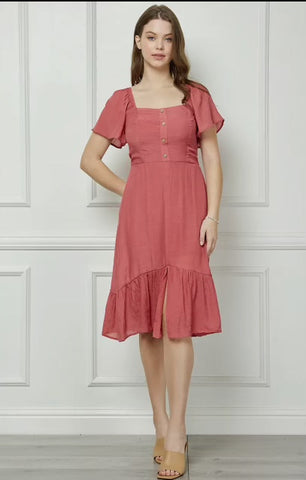 Dresses - Rosewood Puff Sleeve Lace-Up Midi With Bottom Ruffle