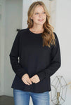 Blouse - Fleeced Solid French Terry Round Necked Long Sleeved, Black