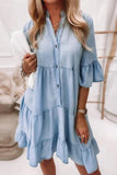 Dress - V-Neck Half Sleeve Washed Denim Dress, Light Blue, Also Plus Size