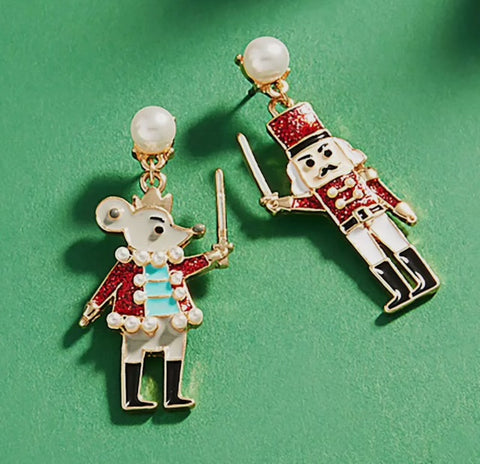 Jewelry - Enamel Nutcracker Mouse King Dangle Earrings, Pink or Red