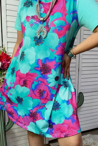 Dress - Turqoise & Pink Floral Dress With Pockets, Also Plus Size