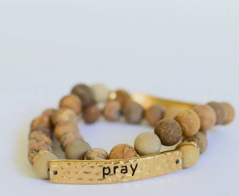 Jewelry - Praying Mama Stone Beaded Christian Faith Charm Bracelet, Brown