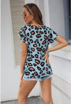 Blouse - V-Neck Leopard Short Sleeve Top, Blue Leopard