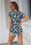 Blouse - V-Neck Leopard Short Sleeve Top, Blue Leopard