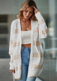 Outerwear - Beige Textured Stripe Pattern Drop Shoulder Duster Cardigan