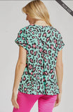 Blouse - Lizzie Dolman Short Sleeve Wrinkle Free, Mint/Pink Animal Print, Plus Size