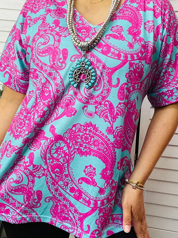 Blouses - V-neck Paisley Short Sleeve, Pink Turquoise, Also Plus Size