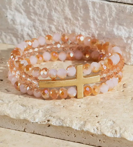 Jewelry - Layered Cross & Glass Bead Stretch Bracelet, Peach