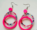 Jewelry - Spring Double Hoops Dangles, Neon Pink & Floral