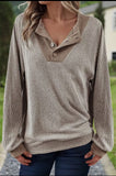 Blouse - Ribbed Knit Collared Long Sleeve Loose Fit Top, Brown, Also Plus Size