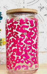 Accessories/Gifts - Leopard Print Glass Cup, Hot Pink. Lid & straw included