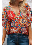 Blouse - Floral Print Batwing Sleeve V-Neck