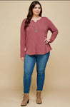 Blouse - Solid Long Sleeve Basic Top, Burgundy, Plus Size