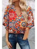 Blouse - Floral Print Batwing Sleeve V-Neck