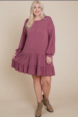 Dress - Babydoll Tiered Ruffle Dress, Mauve, Plus Size