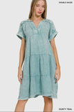 Dress - Washed Double Gauze Raw Edge V-Neck Dress, Dusty Teal