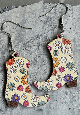 Jewelry - Floral Print Wooded Boot Earrings
