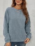 Blouse - Blue Corduroy Sweater Casual Round Neck Pullover Long Sleeved Top