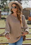 Blouse - Beige Floral Striped Patchwork Loose Long Sleeve Top