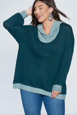 Blouse - Color Block Cowl Neck Top, Olive, Plus Size