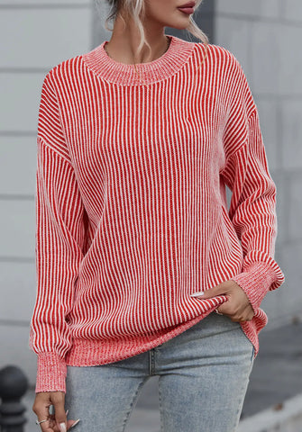 Blouse - Red Striped Print Ribbed Trim Round Neck Sweater/Multicolor