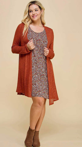 Dress - A Line Floral Pattern Dress With Cardigan Set, Rust,  Also Plus Size